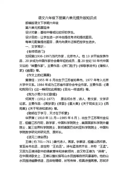 语文六年级下册第六单元提升版知识点