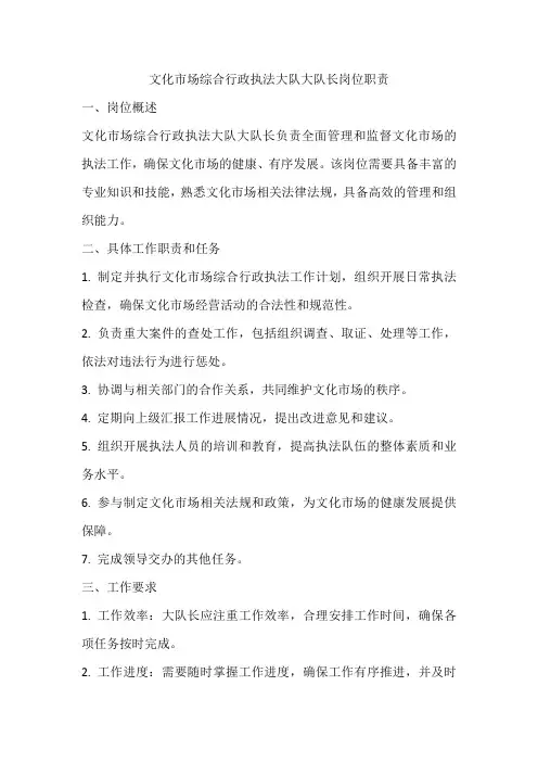 文化市场综合行政执法大队大队长岗位职责
