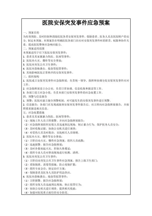 医院安保突发事件应急预案