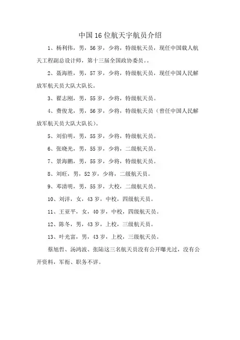 中国16位航天宇航员介绍