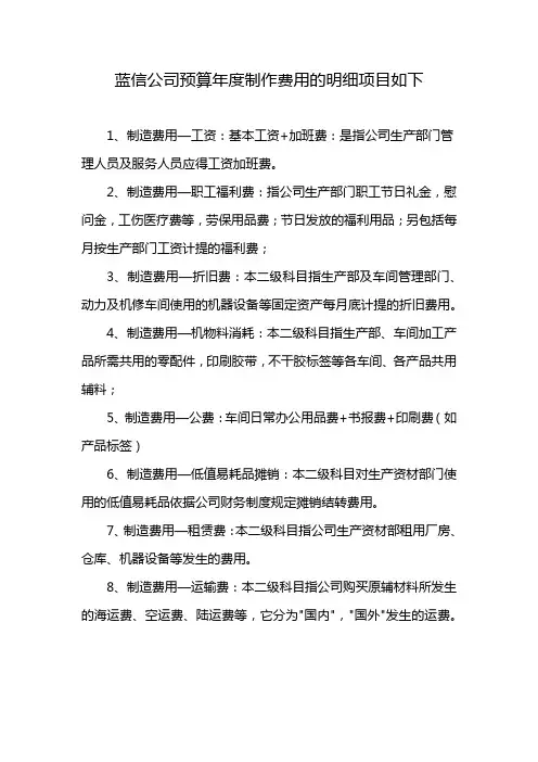 蓝信公司预算年度制作费用的明细项目如下