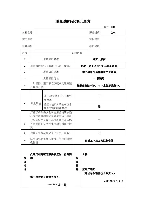 质量缺陷处理记录表