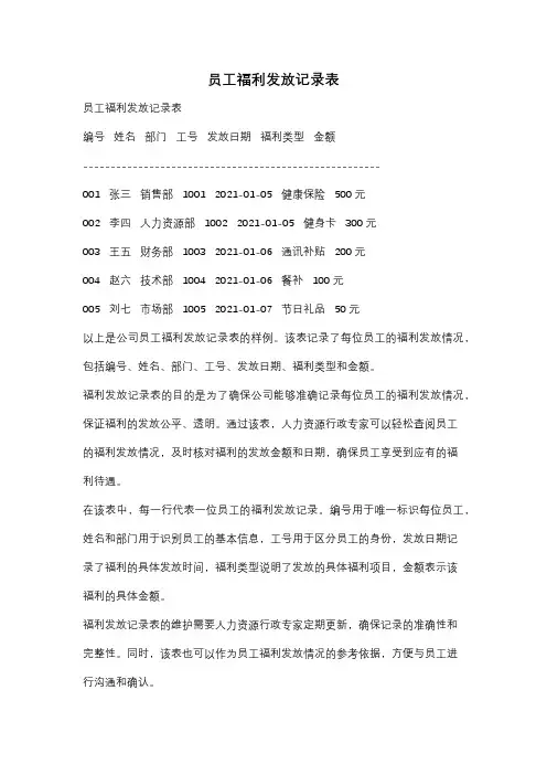 员工福利发放记录表