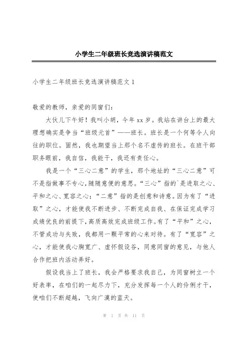 小学生二年级班长竞选演讲稿范文