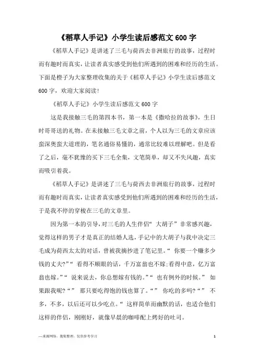 《稻草人手记》小学生读后感范文600字