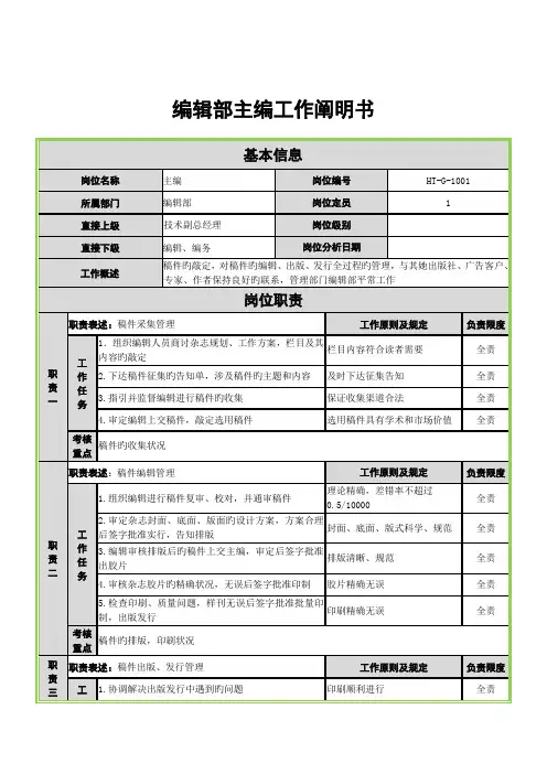 杂志社主编工作岗位专项说明书