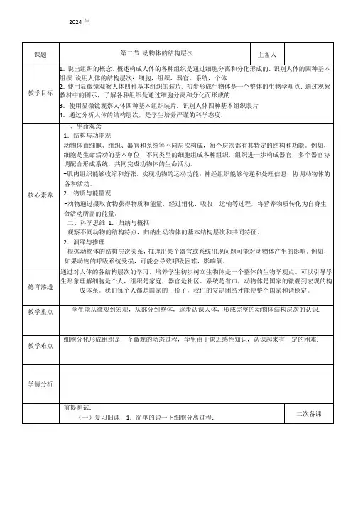 1.3.2 动物体的结构层次教案(表格式) 人教版生物七年级上册