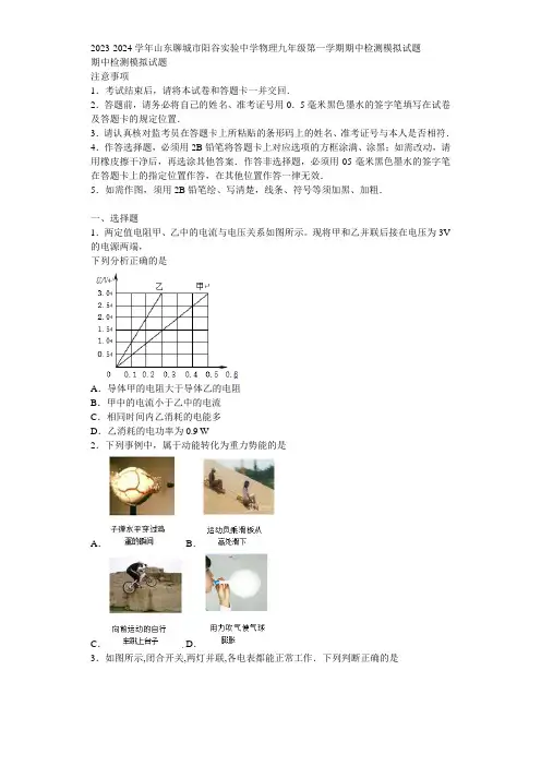 2023-2024学年山东聊城市阳谷实验中学物理九年级第一学期期中检测模拟试题含解析