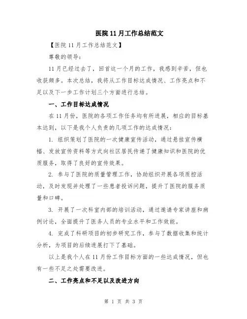 医院11月工作总结范文