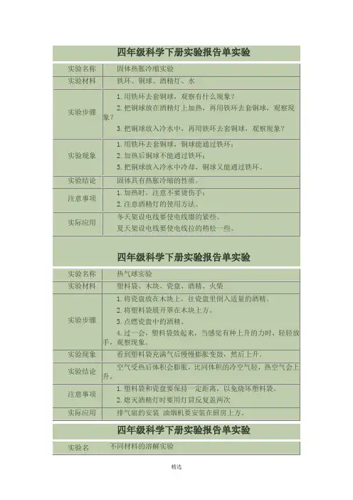 四年级科学下册实验报告单实验