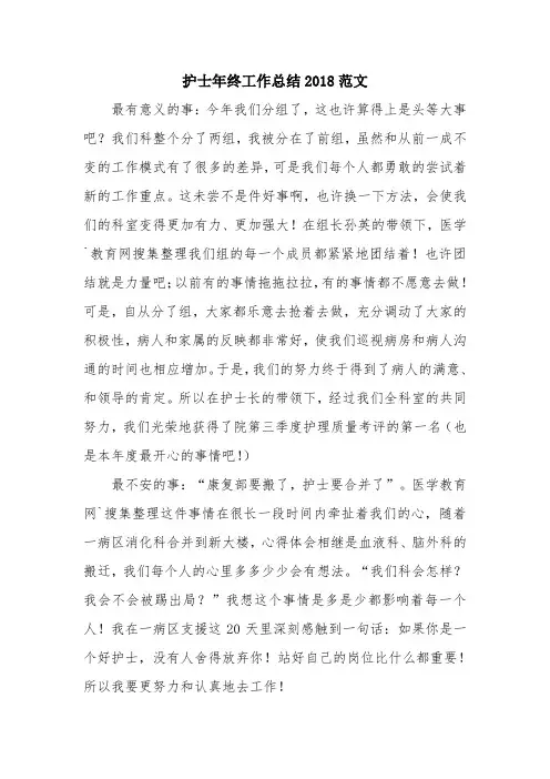 优秀总结范文：护士年终工作总结2018范文