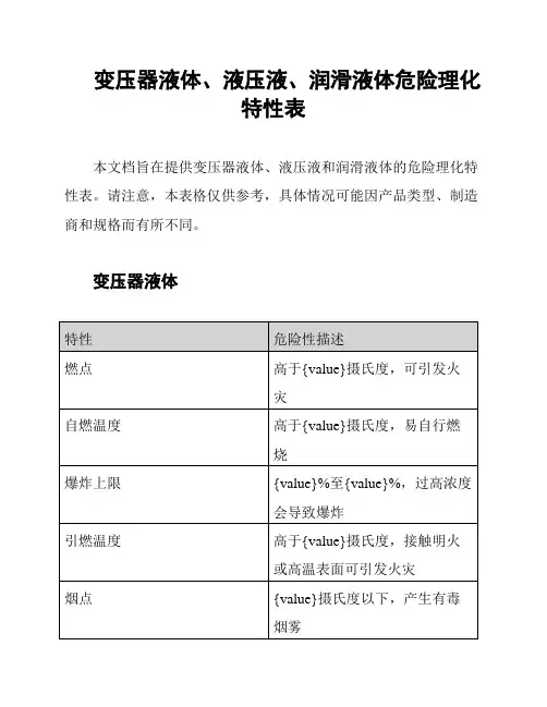 变压器液体、液压液、润滑液体危险理化特性表