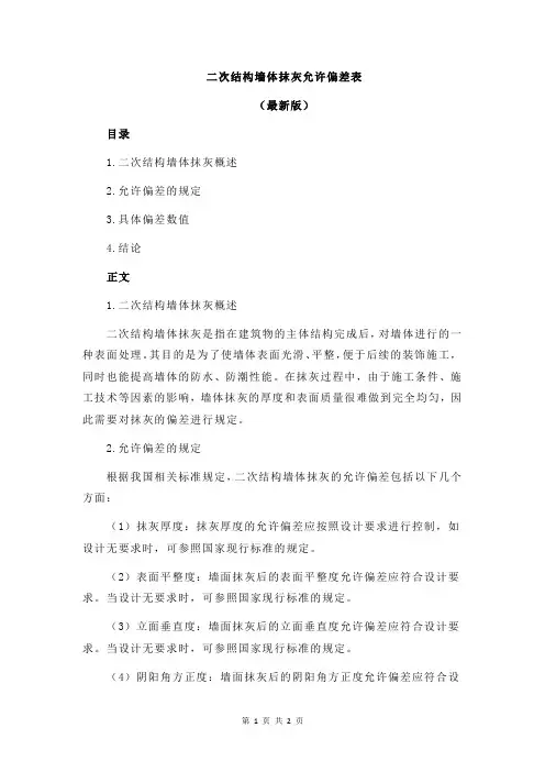 二次结构墙体抹灰允许偏差表