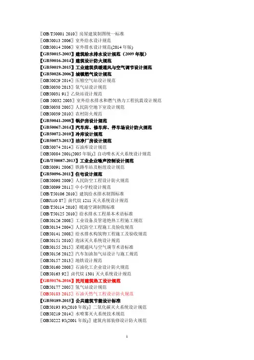 现行暖通、给水排水、动力专业标准规范目录(截止到2017.01.01)