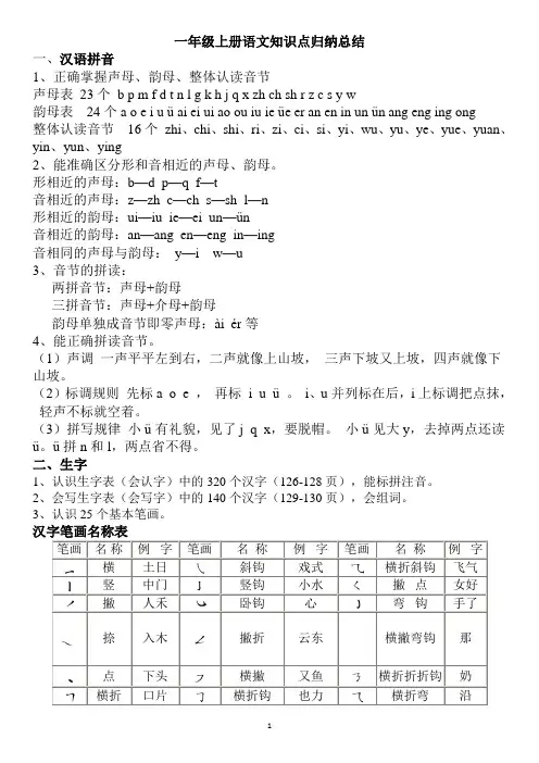 2020最新人教版小学一年级语文上册与下册全两册知识点总结