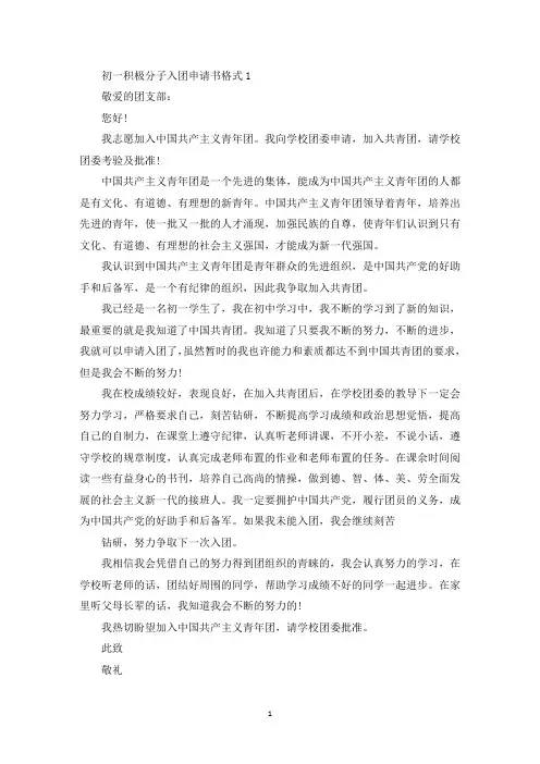 初一积极分子入团申请书格式