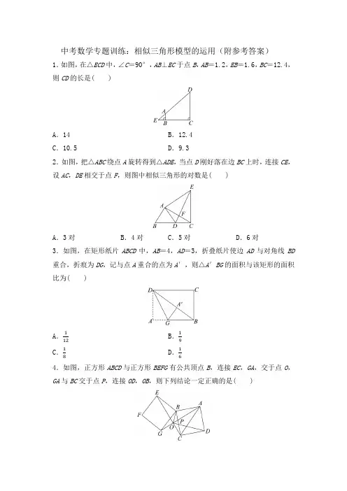 中考数学专题训练：相似三角形模型的运用(附参考答案)