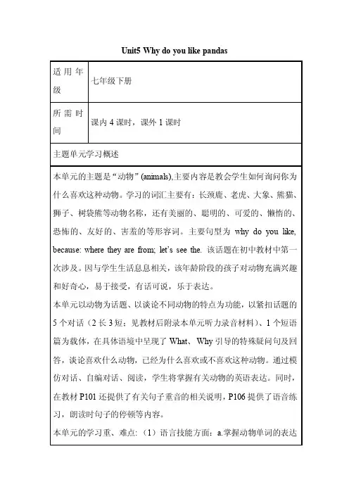 初中英语《Unit5Whydoyoulikepandas》单元教学设计以及思维导图