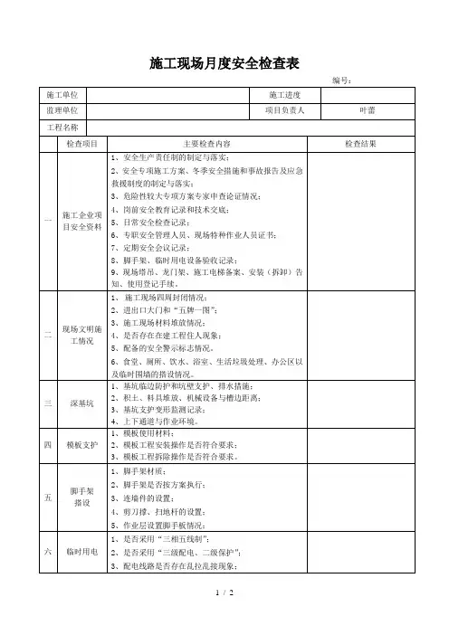 施工现场月度检查表