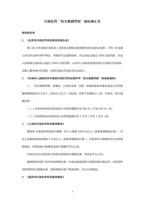行政处罚“较大数额罚款”的标准汇总
