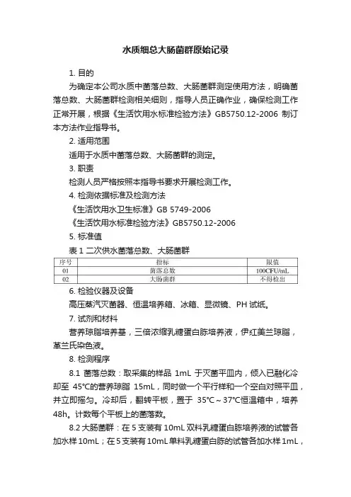 水质细总大肠菌群原始记录