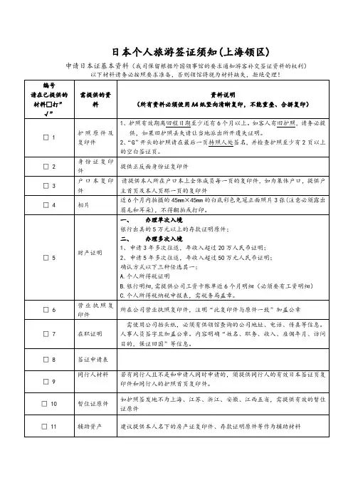 日本个人旅游签证所需材料清单