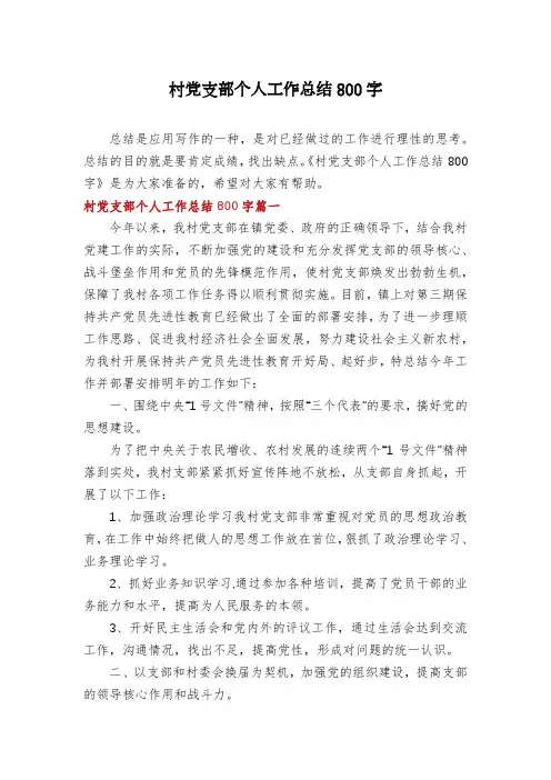 村党支部个人工作总结800字