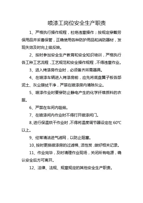 喷漆工岗位安全生产职责
