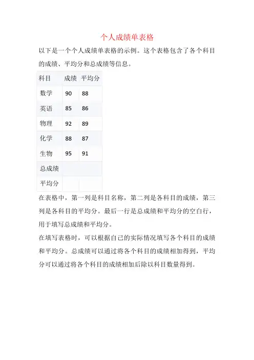 个人成绩单表格