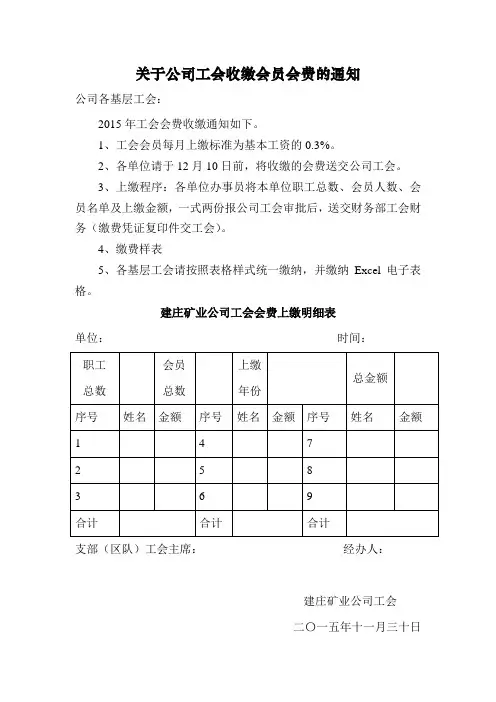 关于公司工会收缴会员会费的通知