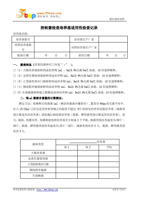 控制菌检查培养基适用性检查记录表