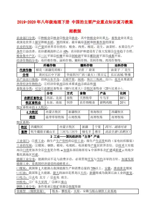 2019-2020年八年级地理下册 中国的主要产业重点知识复习教案 湘教版