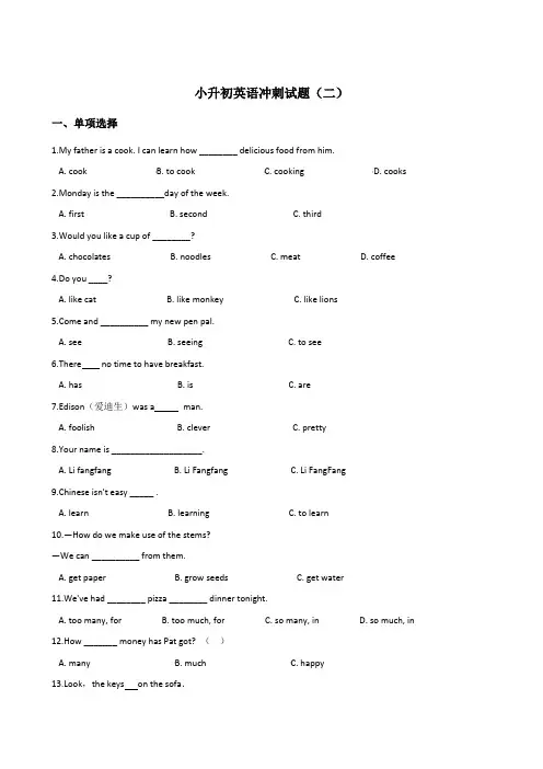 六年级下册英语试题--小升初冲刺试题(二)  ( 含答案)