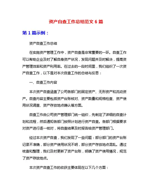 资产自查工作总结范文6篇