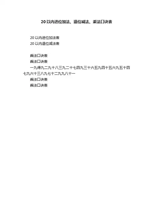 20以内进位加法、退位减法、乘法口诀表