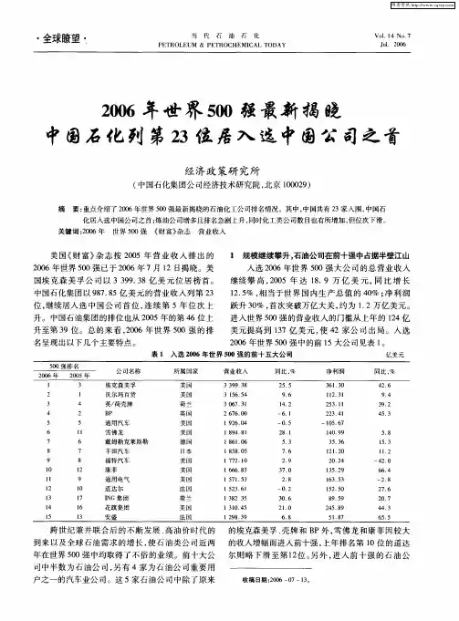 2006年世界500强最新揭晓 中国石化列第23位居入选中国公司之首