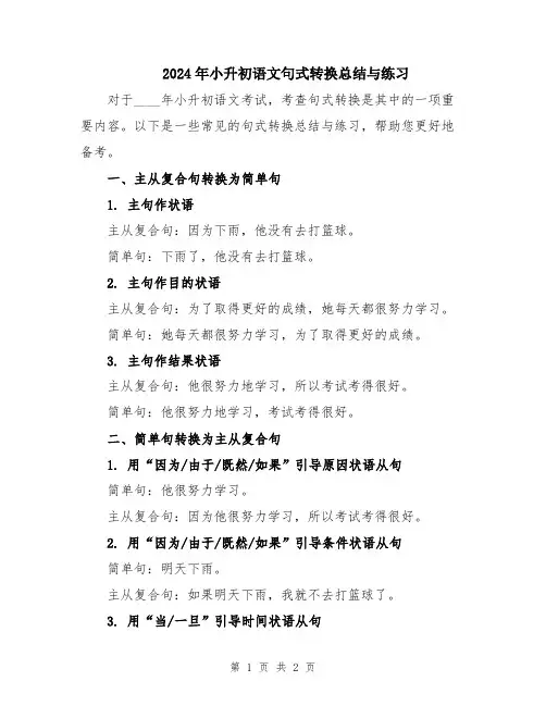 2024年小升初语文句式转换总结与练习