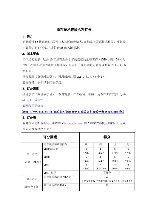 加拿大联邦技术移民六项打分标准