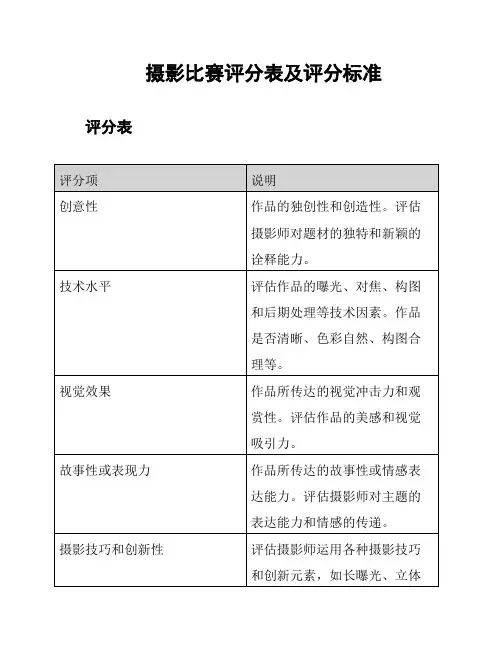 摄影比赛评分表及评分标准