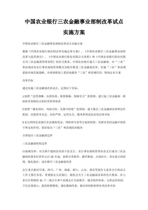 中国农业银行三农金融事业部制改革试点实施方案