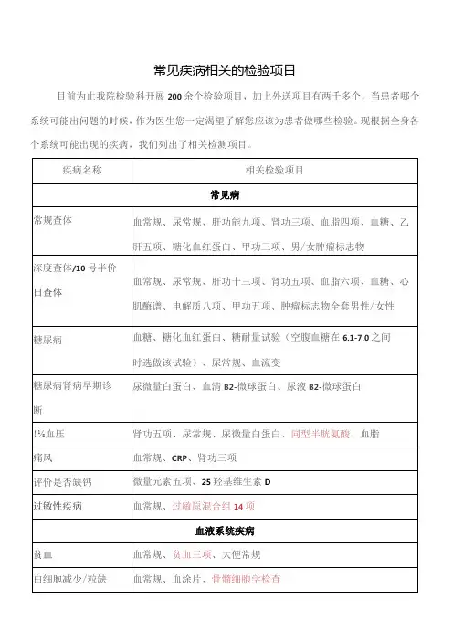 常见疾病的相关检验项目