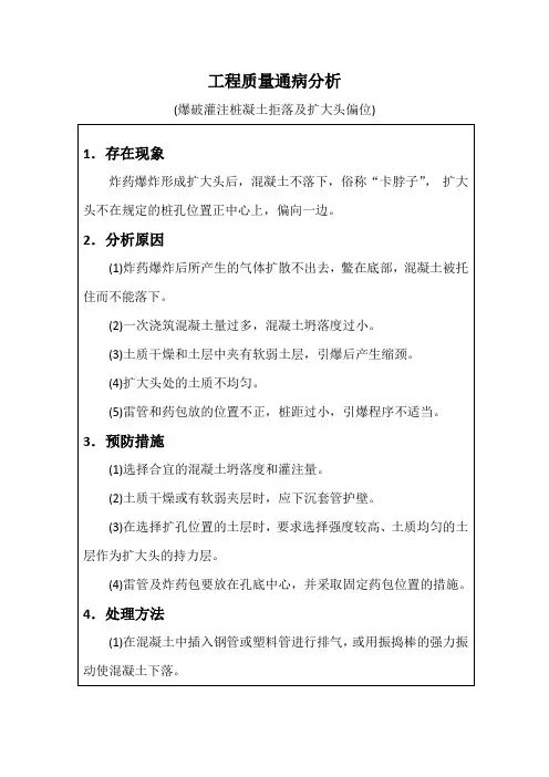 工程质量通病分析(爆破灌注桩凝土拒落及扩大头偏位)