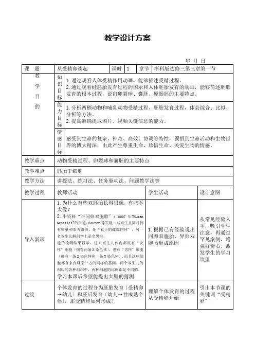 2020-2021学年浙科版选修3 第三章第一节 从受精卵谈起 教案