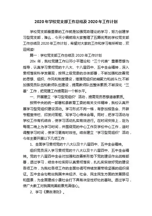 2020年学校党支部工作总结及2020年工作计划
