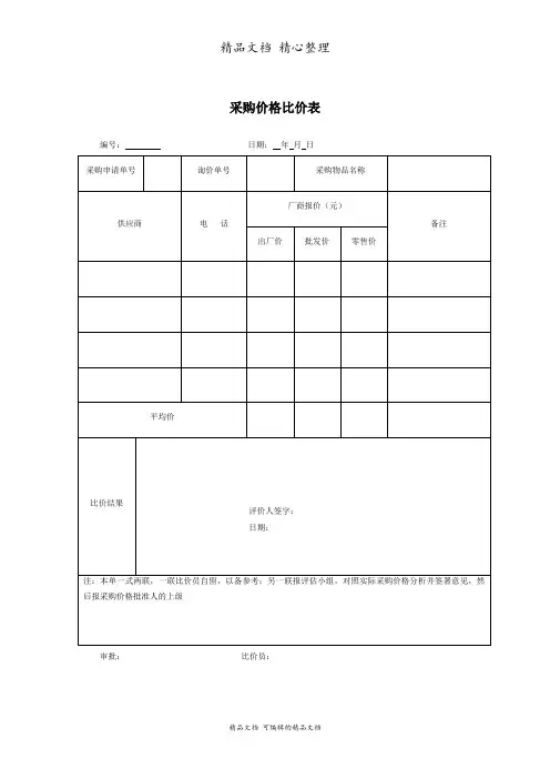 采购价格比价表