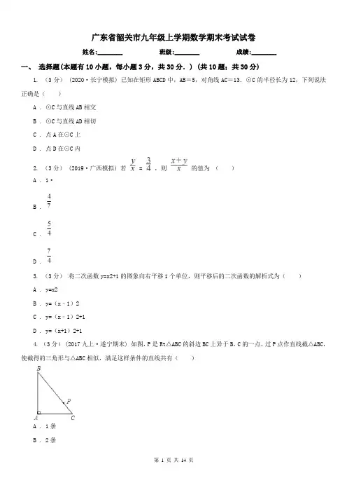 广东省韶关市九年级上学期数学期末考试试卷