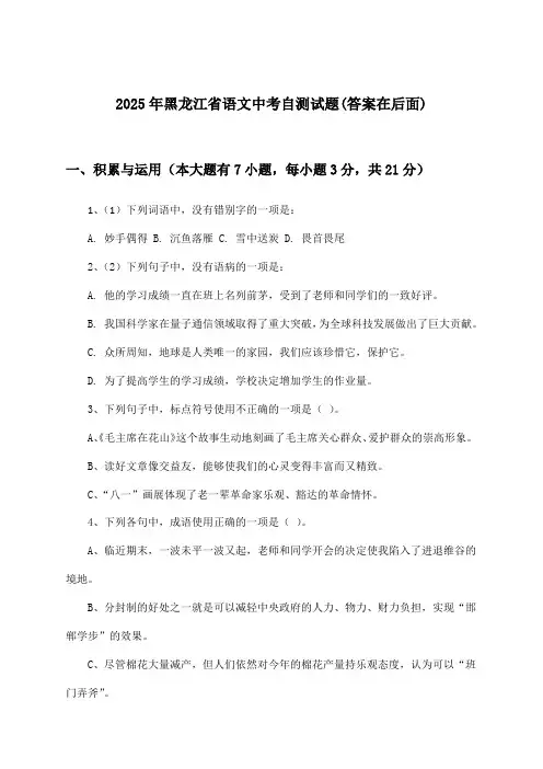 黑龙江省语文中考试题及解答参考(2025年)