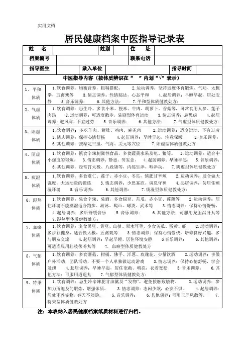 居民健康档案中医指导记录表