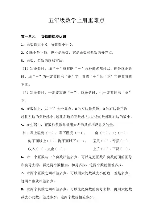 五年级数学上册重难点
