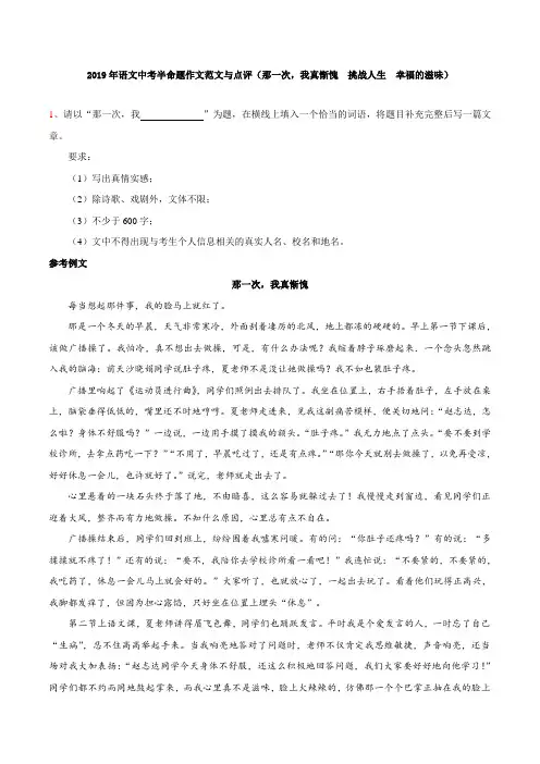 2019年语文中考半命题作文范文与点评(那一次,我真惭愧  挑战人生  幸福的滋味)